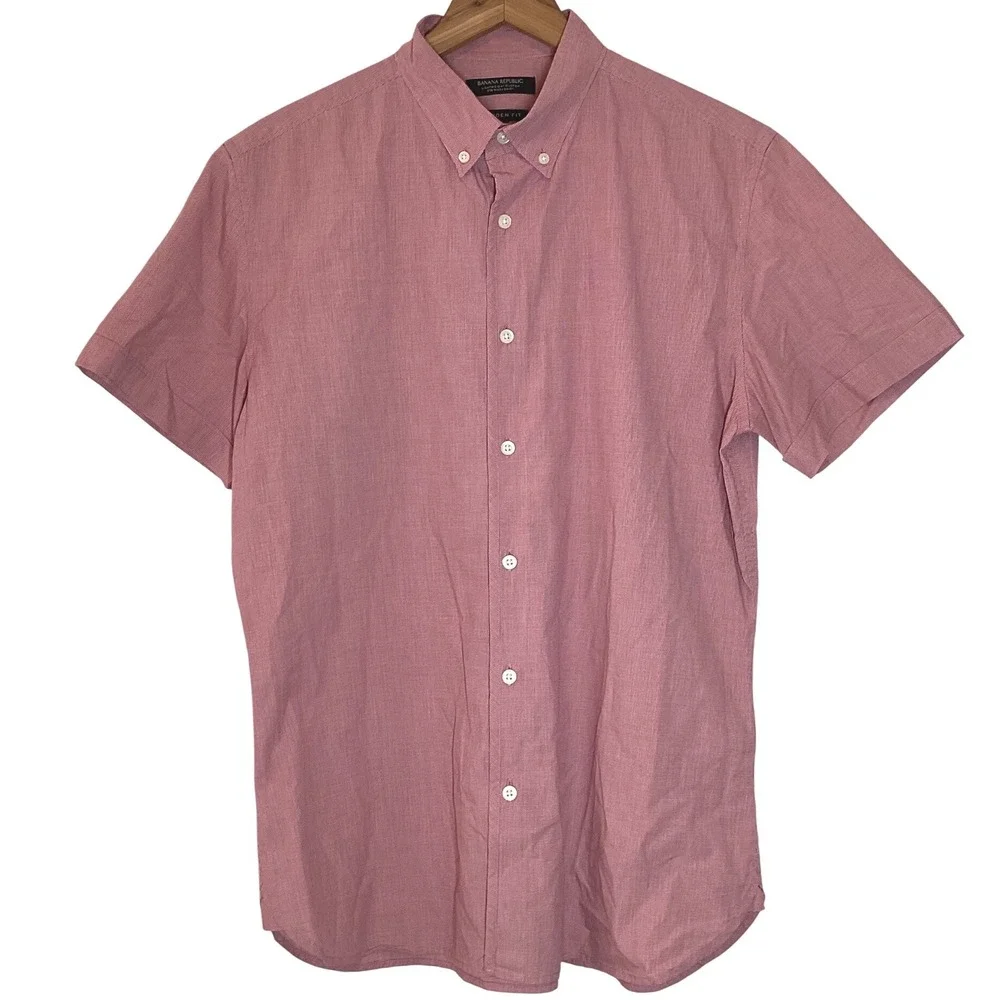 Banana Republic Camden Fit Red White Micro-Gingham Check Short Sleeve Shirt‎ Med